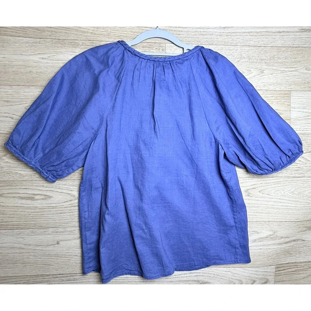 Lilly Pulitzer 100% Linen Puff Sleeve Blouse Purple Blue Medium Coastal Chic